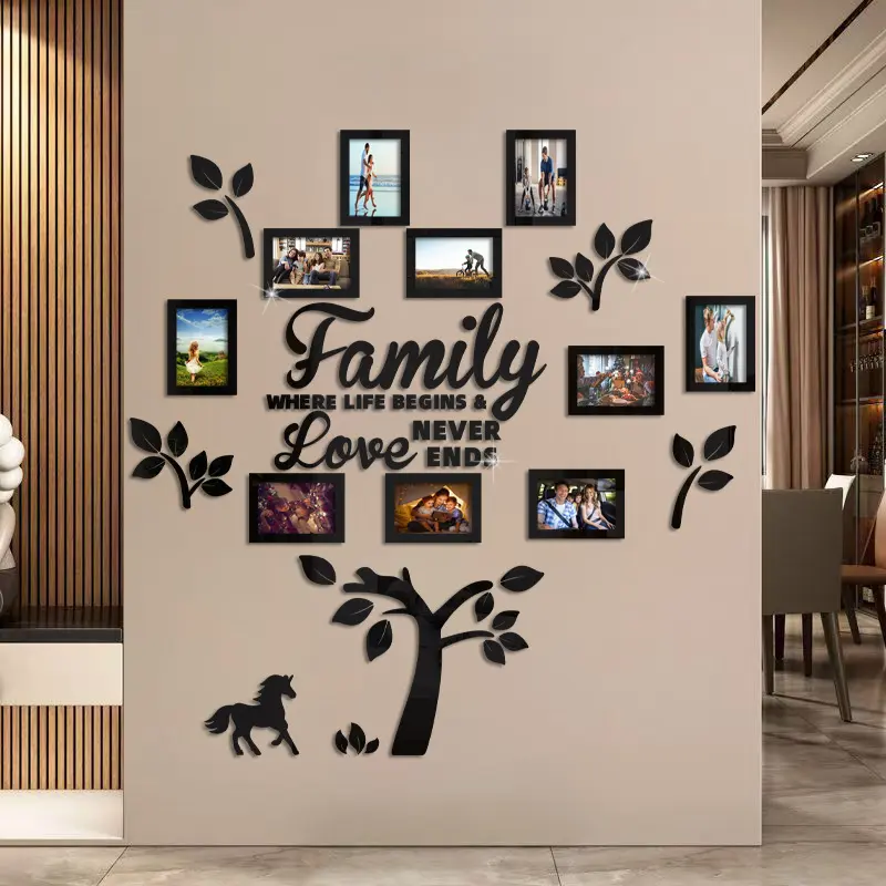 Family Tree Wall Sticker Acrylic 3D DIY Mirror Sticker 10 Sheets 6-inch Photos Photo Frame Removable Wall Art Decal Home Decoration Suitable for Living Room Bedroom Kitchen Dining Room Office, Decorative Ornaments girl room accessories kitchen decor