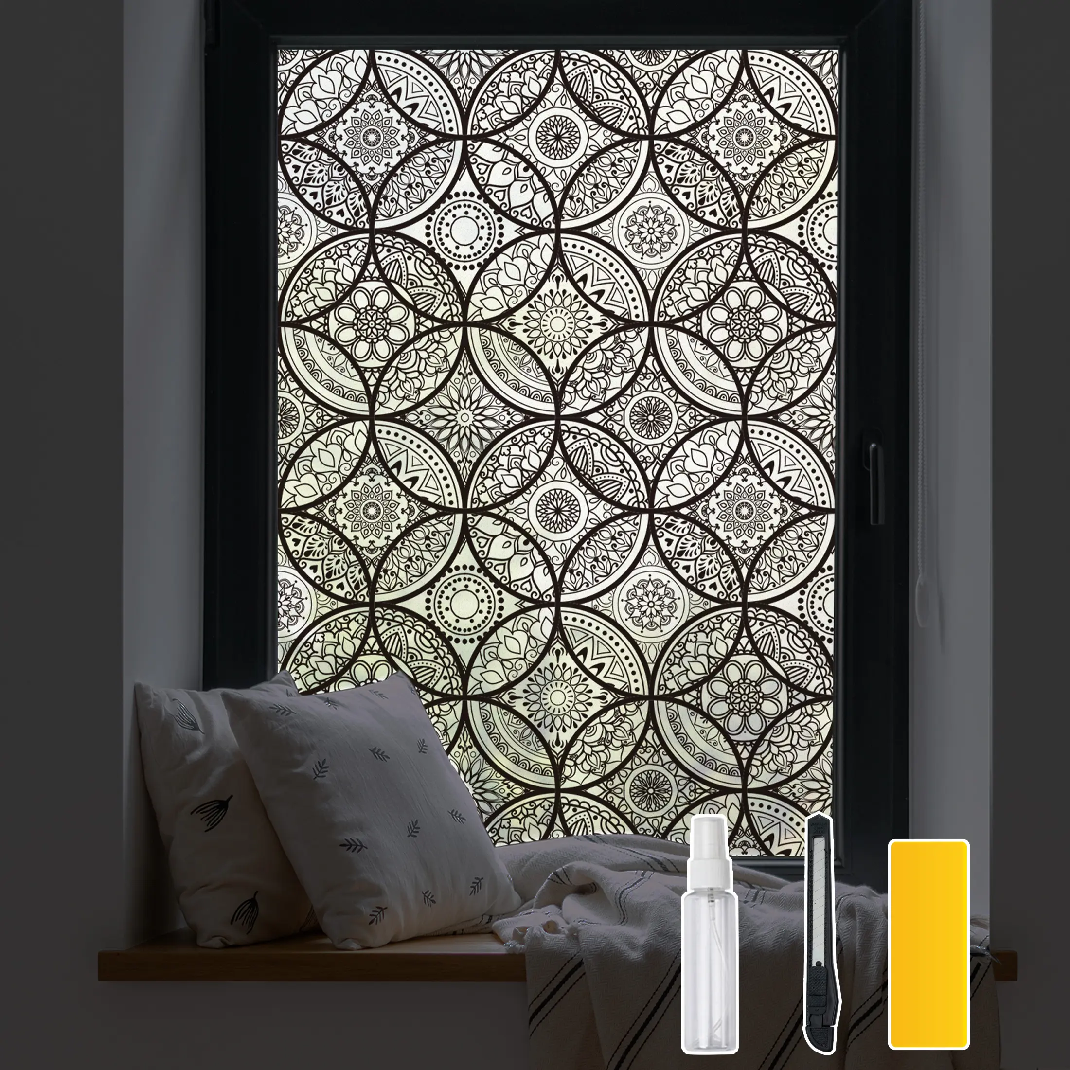 DKTIE 17.7in x 78.7in Black Glazed Fine Matte PVC Window Tint - Geometric 2-Sided Print, Removable, UV Blocking, Heat Retention, Electrostatic Adsorption Installation Tool Included (All Occasion Home Decorative Sticker), Film