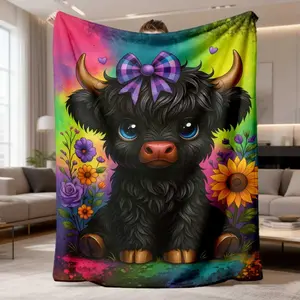 Highland Cow Flannel Blanket, Super Soft Anti-Static Crochet Weave with Vibrant Floral Decorative Print, Cozy Warmth Multi-Size (30x40in to 60x80in) for Sofa Beds, Offices, Ideal All-Season Gift