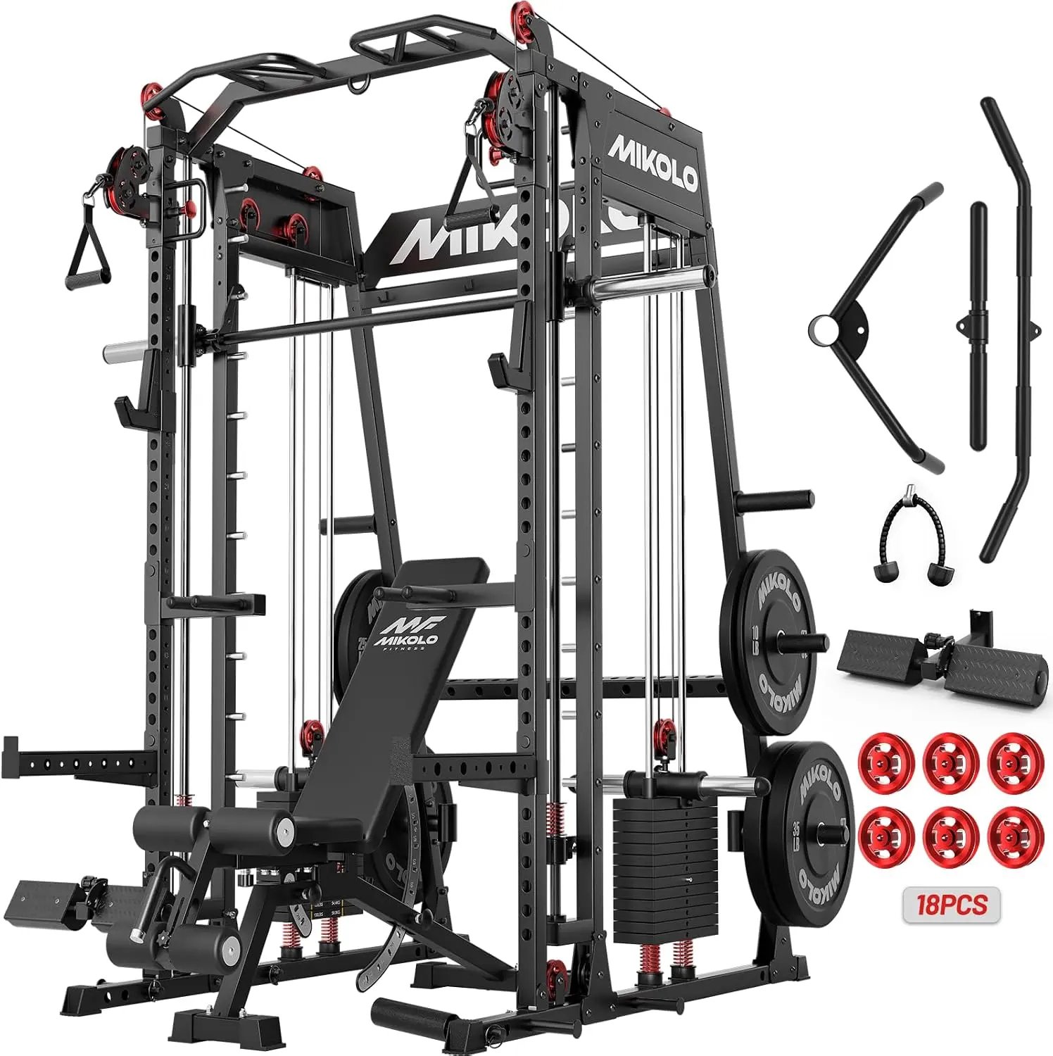 Mikolo M4 2.0 Smith Machine, 2200lbs Squat Rack with LAT-Pull Down System & Cable Crossover Machine, Training Equipment with Leg Hold-Down Attachment