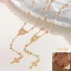 VNOX 14 K Gold Plated Virgin Mary Rosary Heart Round pendant Jesus Cross mothers day gifts ideas Necklace, Bracelet, copper Y-Chain Non Tarnish Hypoallergenic Faith Jewelry, Everyday Fashion Accessory