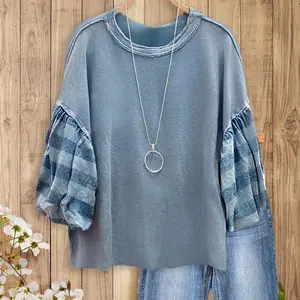 SageVell Vintage Wash Blue Sweatshirt Oversized Top Striped Puff Sleeve Shirt for Effortless Casual Chic Style Outdoorfun Fit Womenswear Round Neck Cotton