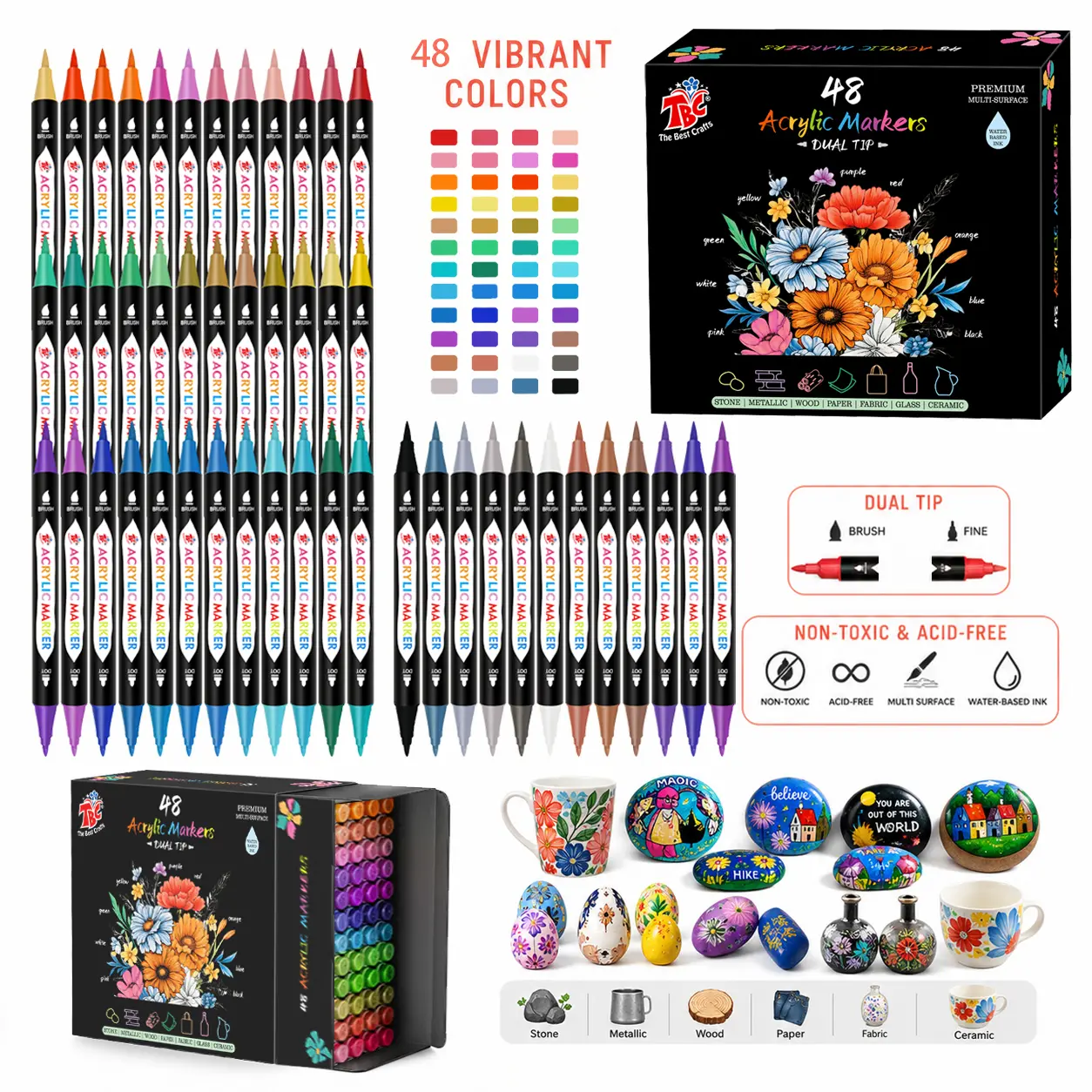TBC 48-Color Dual-Tip Acrylic Paint Markers Set, Brush & Fine Tip, Waterproof Non-Toxic Art Markers for Rock Wood Glass Canvas, Office Stationery Crafting Supplies DIY Painting Supplies
