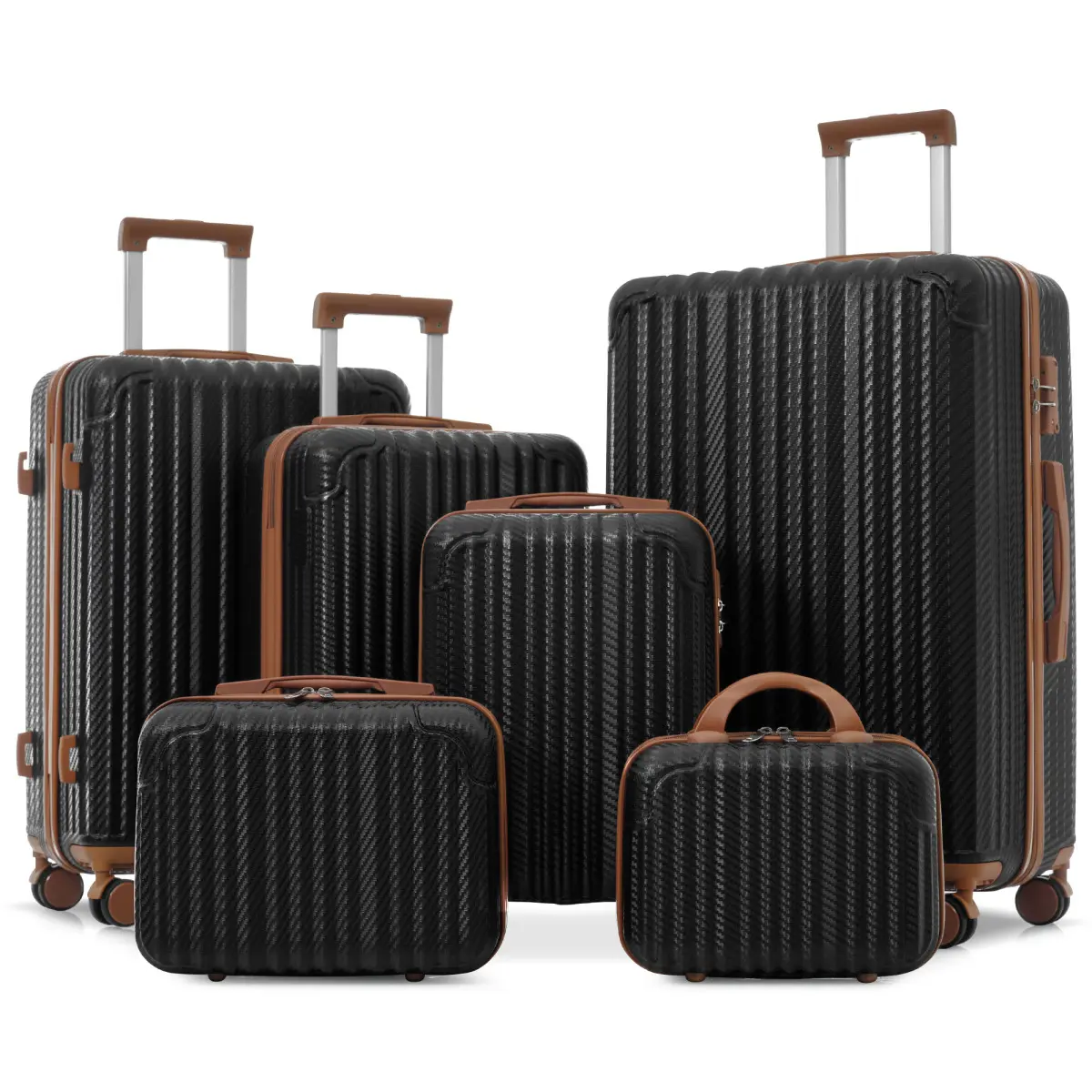 ABS wear-resistant vertical diagonal hard shell luggage six piece set, 12/14 inch makeup case 16/20 inch boarding case 24/28 inch shipping case, side hook TSA lock 360 ° silent universal wheel pull rod complete travel set Durable Duffels, Travel System
