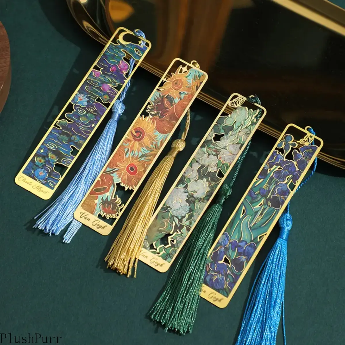 summerwins 4-Pack Retro Floral Painting Metal Bookmarks, Hollow Bronzing Book Page Markers with Tassel, DIY Bag Accessories for Book Club Members