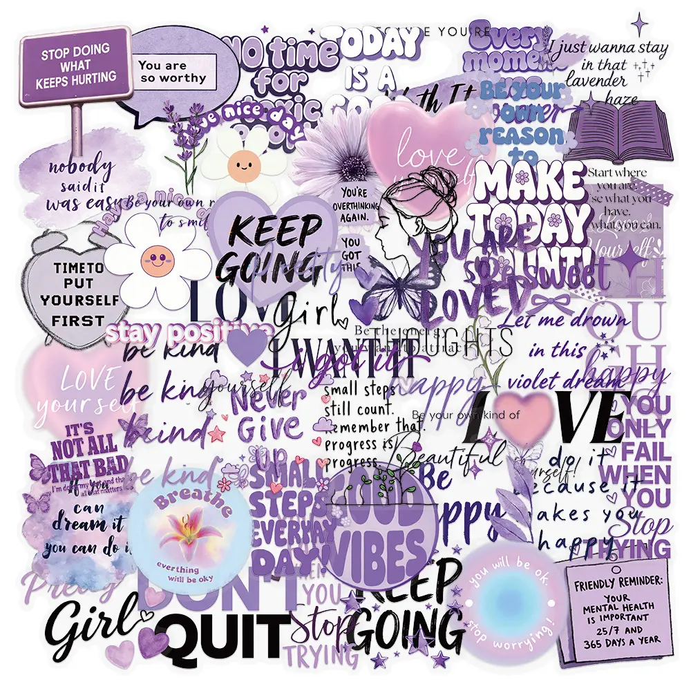 50pcs Purple Positive and Inspirational Cartoon Doodle Stickers, Decorative Decal, Office Supplies and Notebook Accessories, for Decorating Journals, Scrapbooks, Computers, Water Bottles, Cars, Decal For Cars, Etc.