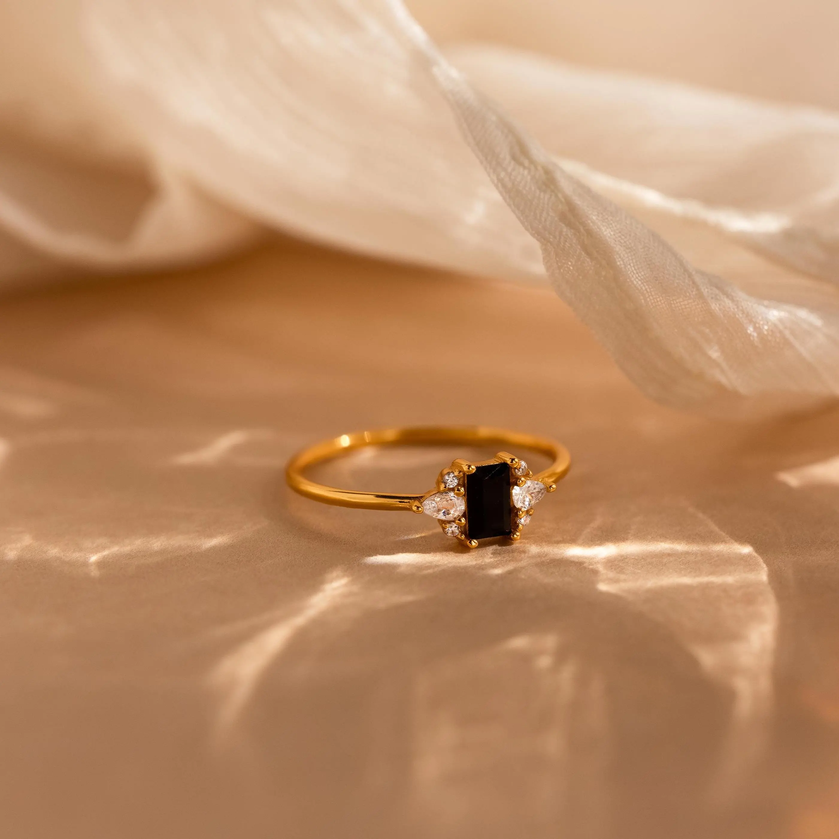 Black Baguette Diamond Ring by Caitlyn Minimalist - Vintage Black Diamond Cocktail Ring in Gold - Art Deco Jewelry - Gift for Her