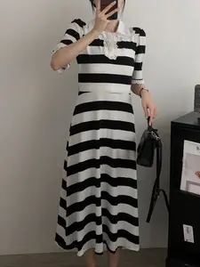 Summer Lightweight Striped Simple Straight Dress, Women's Short Sleeve Round Neck Fresh Style Casual Dress for Daily Wear