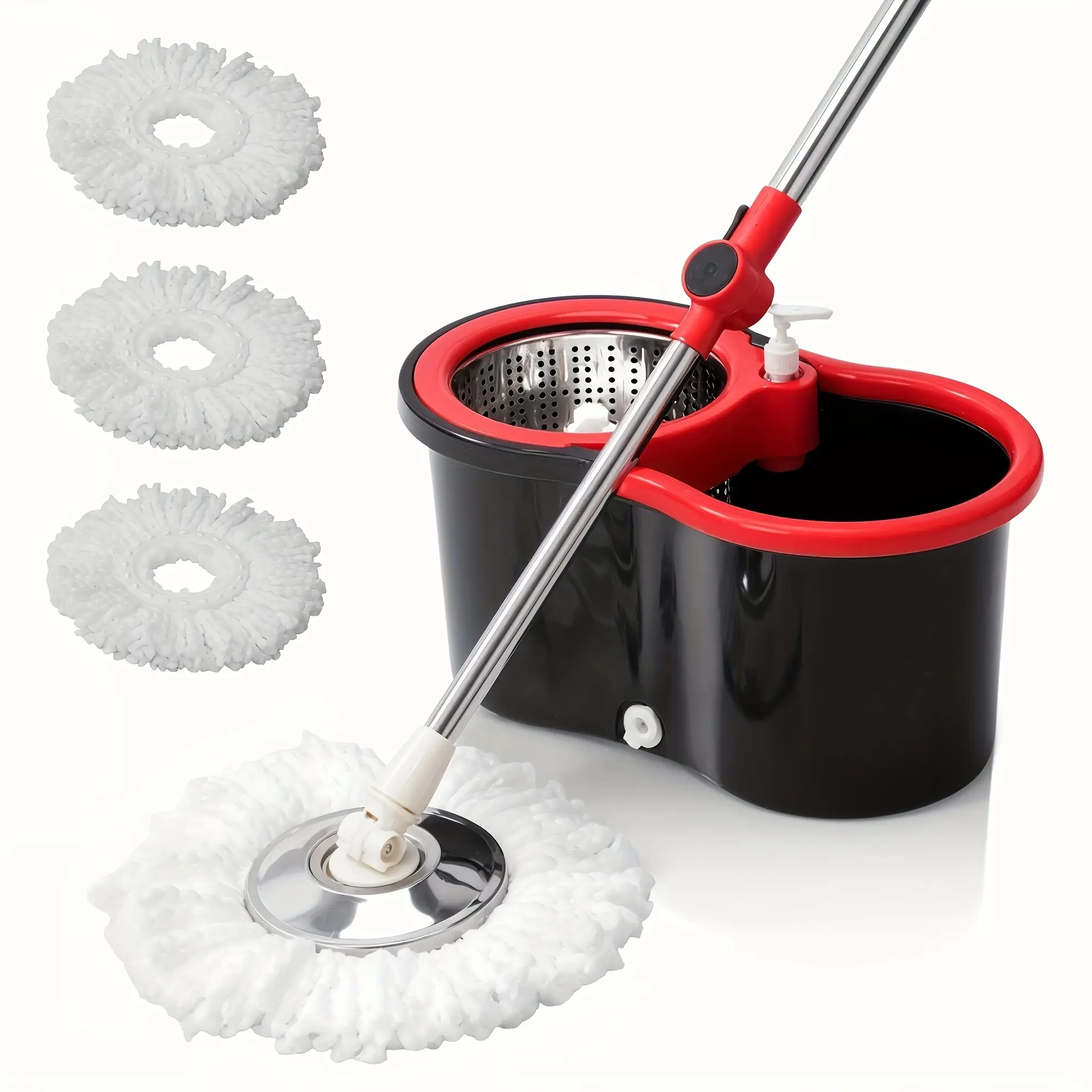 360° Spinning Mop & Bucket Set with Wringer | Stainless Steel Adjustable Handle | 3 Microfiber Refill Heads (Black & Red)