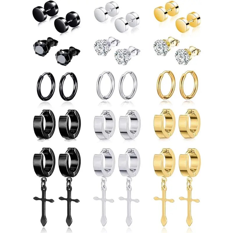15 Pairs Stainless Steel Cross Dangle Hinged Earrings Hoop Earrings  Men Women