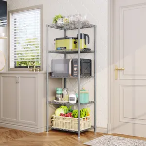 Storage Shelves Kitchen Utility Open Organizer Shelf Display Rack 5-Tier Heavy Duty Metal Standing cabinet Utensils Silver indoor Multi-Purpose
