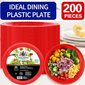 200 PCS of Sturdy Round Red Plastic Plates - Free from BPA,  Packaged in Bulk, Long-Lasting, And Resistant to Breaking - Ideal for Barbecues, Picnics, Parties, Outings, And Events, Can Be Reused