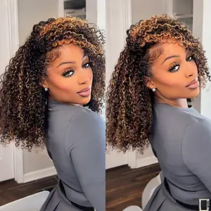 [3 In 1 HALF WIG] Vshow Ombre Highlight Brown Kinky Curly Half Wigs With Draw-string 180% Density Flip Over Human Hair Wig 1b/30 Natural Black With Brown Color Wigs #fallfresheness