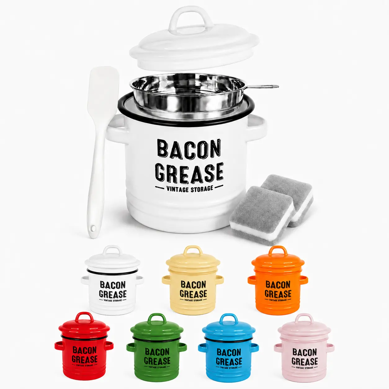 Bacon Grease Container with Strainer 46oz Enamel Grease Storage Can with Lid Dishwasher Safe Kitchen Oil Container for Cooking Bacon Grease Keeper with Spatula and Cleaning Sponges Retro Farmhouse Kitchen Essential Utensils bbq Oil Dispenser White