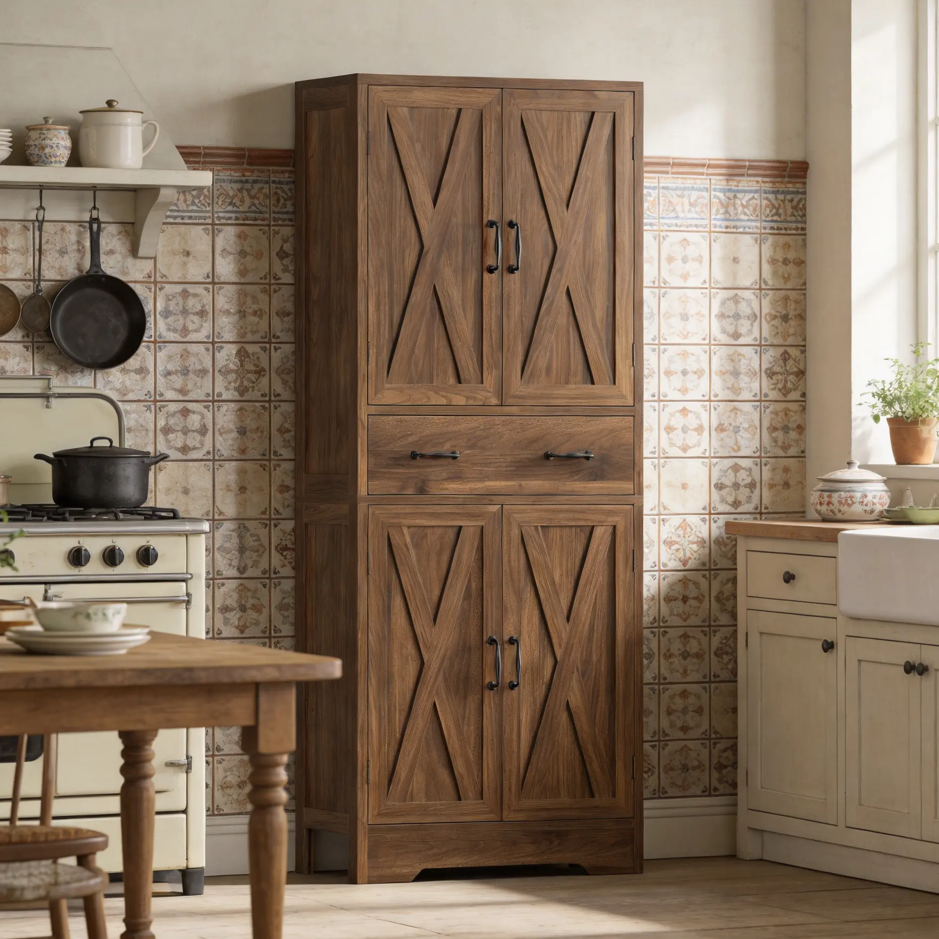 66.9in Tall Farmhouse Wooden Storage Cabinet - 4 Barn Doors, Central Drawer, Adjustable Shelves, Magnetic Closure, Anti-Tip Kit, Freestanding Pantry for Kitchen, Bathroom