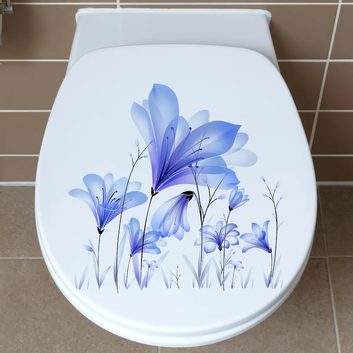 A creative light blue watercolor floral spring and summer toilet sticker for bathroom and restroom decoration, Bathroom Decoration Supplies, size 30*30cm, MS3053