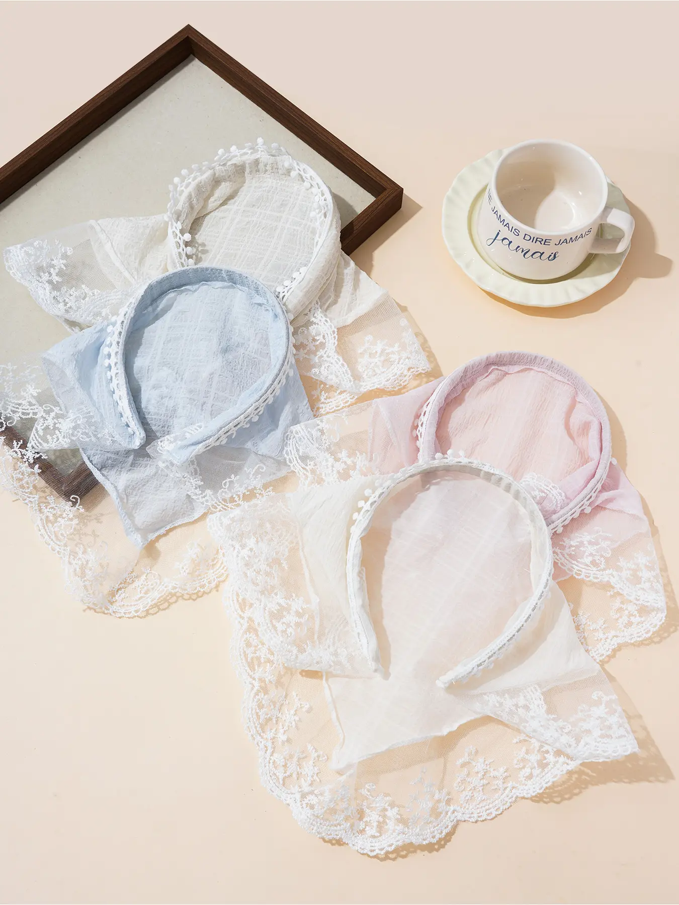4-piece set of fabric mesh embroidered lace edge triangular scarves with women's solid color casual fashion sweet and versatile hair accessories Scarf Headband fixed bangs, Easy to Pack, suitable for wearing on vacation and travel