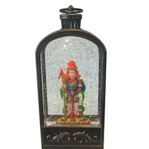 LED Snow Water Lantern with Lord MURUGAN Figurine Antique Wood Finish Battery or USB Powered Decorative Glass Display Brown for Indoor Outdoor Use