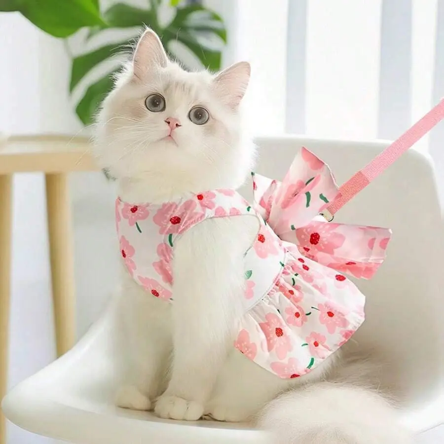 Pet Princess-Style Leash Dress with Attached Leash, Fabric Construction, Button & Bow Accents, Suitable for Munchkin, Ragdoll, Scottish Fold Cats & Poodle, Samoyed Dogs