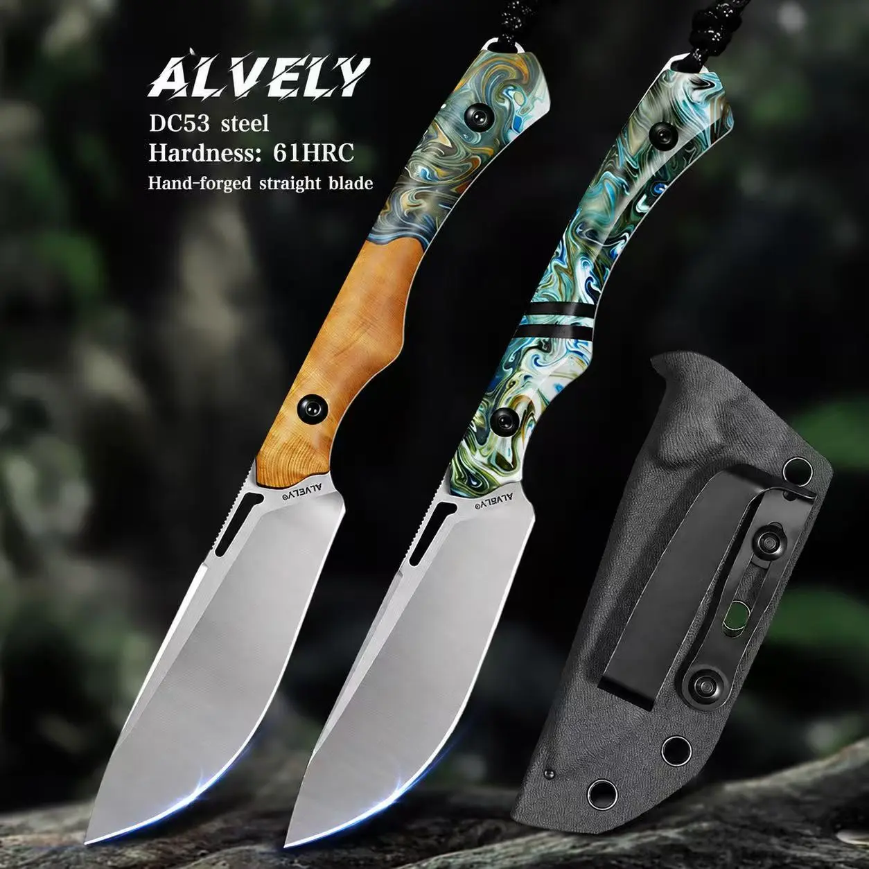 ALVELY, Little Sweet Potato, handmade DC53 steel outdoor straight knife, EDC camping and hunting knife, includes a tactical sheath and a colorful resin handle; suitable for mountaineering, hiking, exploration, and travel/fishing.