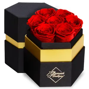 Timeless Charm  Hexagon Black Box | 7 Red Roses Decor Decorative
