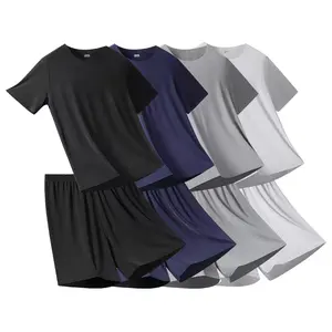 Men’s solid-color drop-shoulder T-shirt and summer shorts, comfortable home loungewear set, casual summer outfit; made from stretchy, breathable fabric, 4-piece set