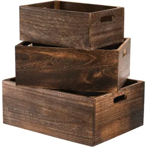 Set of 3  Nesting Storage Crates with Handles, Decorative  Wooden Crates Storage Containers Rustic   Solid  Basket