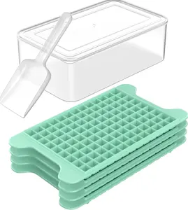 Mini Ice Cube Tray Set with 4 Small Nugget Ice Trays and Large Storage Bin, Easy Release Crushed Ice Tray for Freezer, Ideal for Cocktails, Coffee, and Mixed Drinks