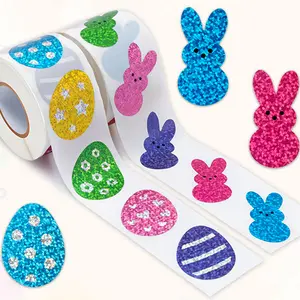500PCS Cartoon Laser Easter Sticker Cute Rabbit Label Office Stationery Gift Easter Egg Decoration Sealing Sticker Circle Sticker Label