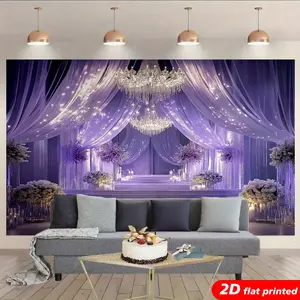Purple Floral 2D Flat Printed Wedding Tapestry Wall Hanging, Romantic Backdrop for Wedding Bridal Shower Photo Booth, Home Decor Room Studio Prop Party Curtain - Flower Gift Complement for Fairy Lights & Crystal Chandeliers