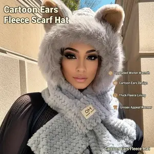Upgraded Winter Plush Hooded Scarf Hat with CartoonEars Solid Color Neck Warmer for Women Thickened Material Cozy Stylish Unisex Thick Fleece Lining 3-in-1 balaclava