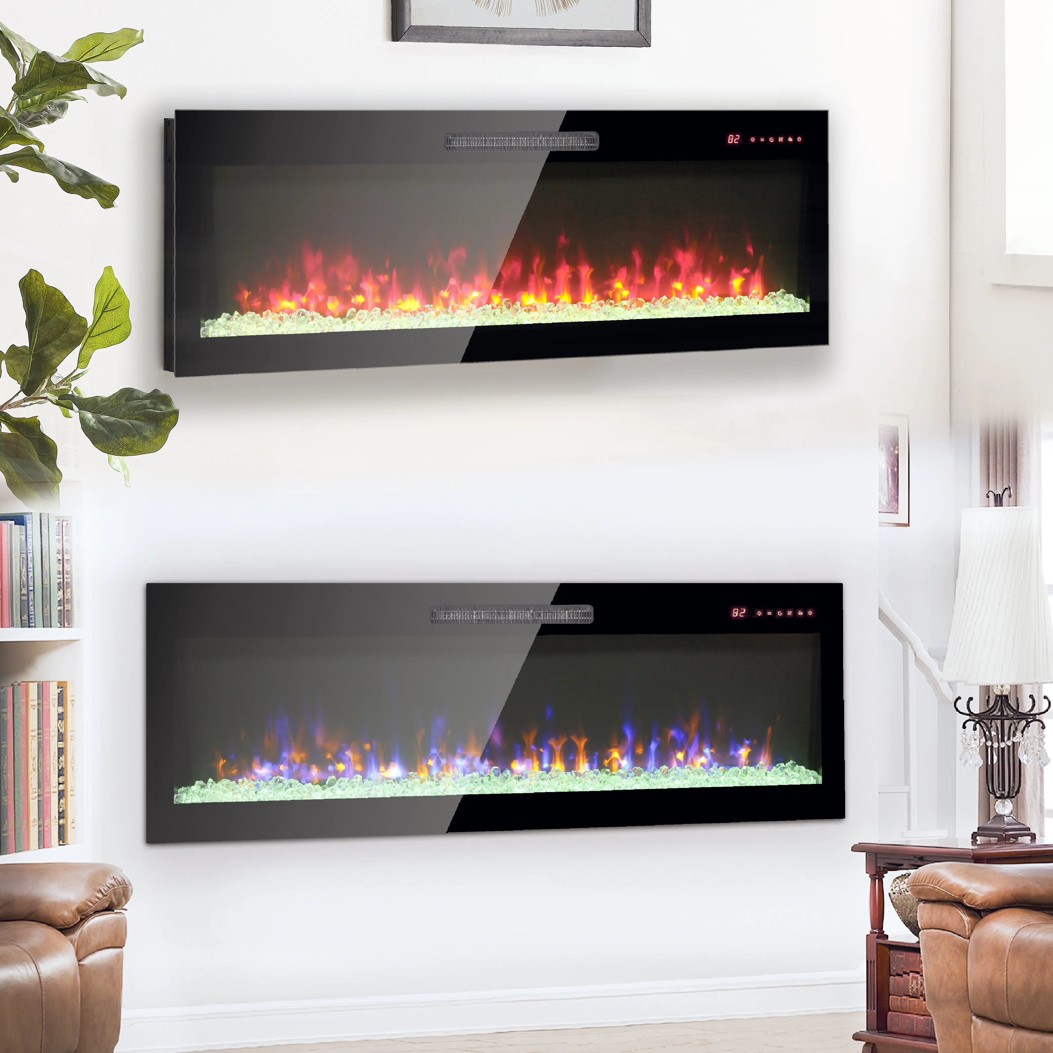 Eyisean 50"/60" Built-in Wall Mounted Electric Fireplace, Insert Thin Tempered Glass Fireplace Heater with 1400W Heat & Adjustable 16 Flame Colors, Remote Control & LED Light, 2 Display Styles and Timer for Living Room, Bedroom, 11 Temperature Settings