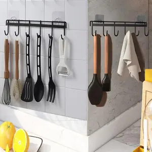 2Pcs Wall Mount Kitchen Utility Hooks-Utensil Rack With 6 Hooks, No Drilling Holder, Space Saving Rail For Bathroom (Black)