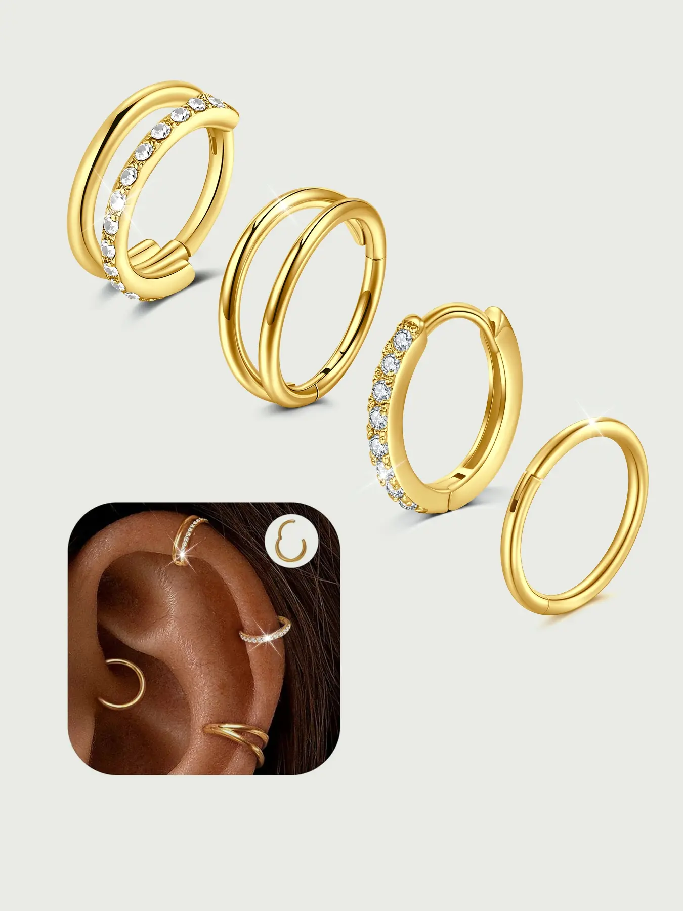 Cartilage Earrings For Women, Trendy 4PCS Earring Stacking Set Helix Tragus Piercing Jewelry Dainty Conch Daith Piercing Jewelry Stainless Steel Cartilage Earrings For Women Hypoallergenic Double Hoop Ring Hoop Earring Sets