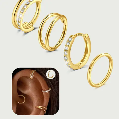 Cartilage Earrings For Women Trendy 4PCS Earring Stacking Set Helix Tragus Piercing Jewelry Dainty Conch Daith Piercing Jewelry Stainless Steel Cartilage Earrings For Women Hypoallergenic Double Hoop Ring Hoop Earring Sets Dainty Earring Stacks