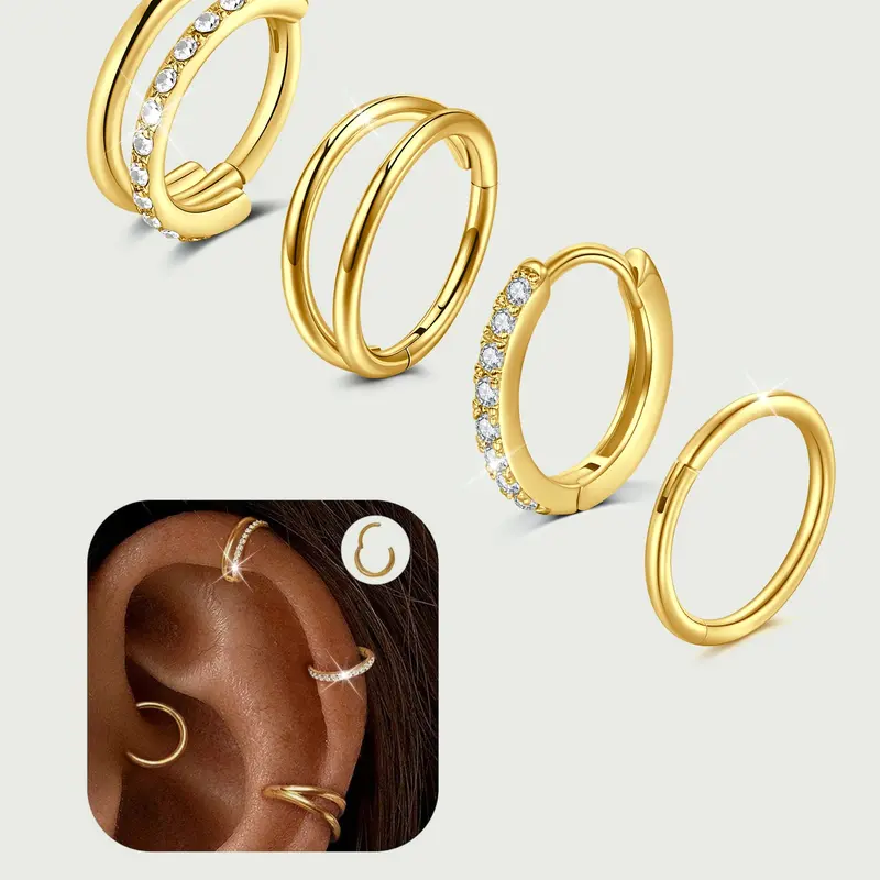 Cartilage Earrings For Women Trendy 4PCS Earring Stacking Set Helix Tragus Piercing Jewelry Dainty Conch Daith Piercing Jewelry Stainless Steel Cartilage Earrings For Women Hypoallergenic Double Hoop Ring Hoop Earring Sets Dainty Earring Stacks