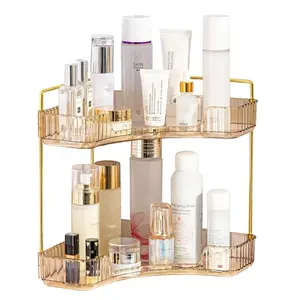 Makeup Organizer for Vanity, 3-Tier Corner Bathroom Organizer Countertop with Makeup Brush Holder, Corner Counter Storage for Bathroom Dresser- Amber Gold