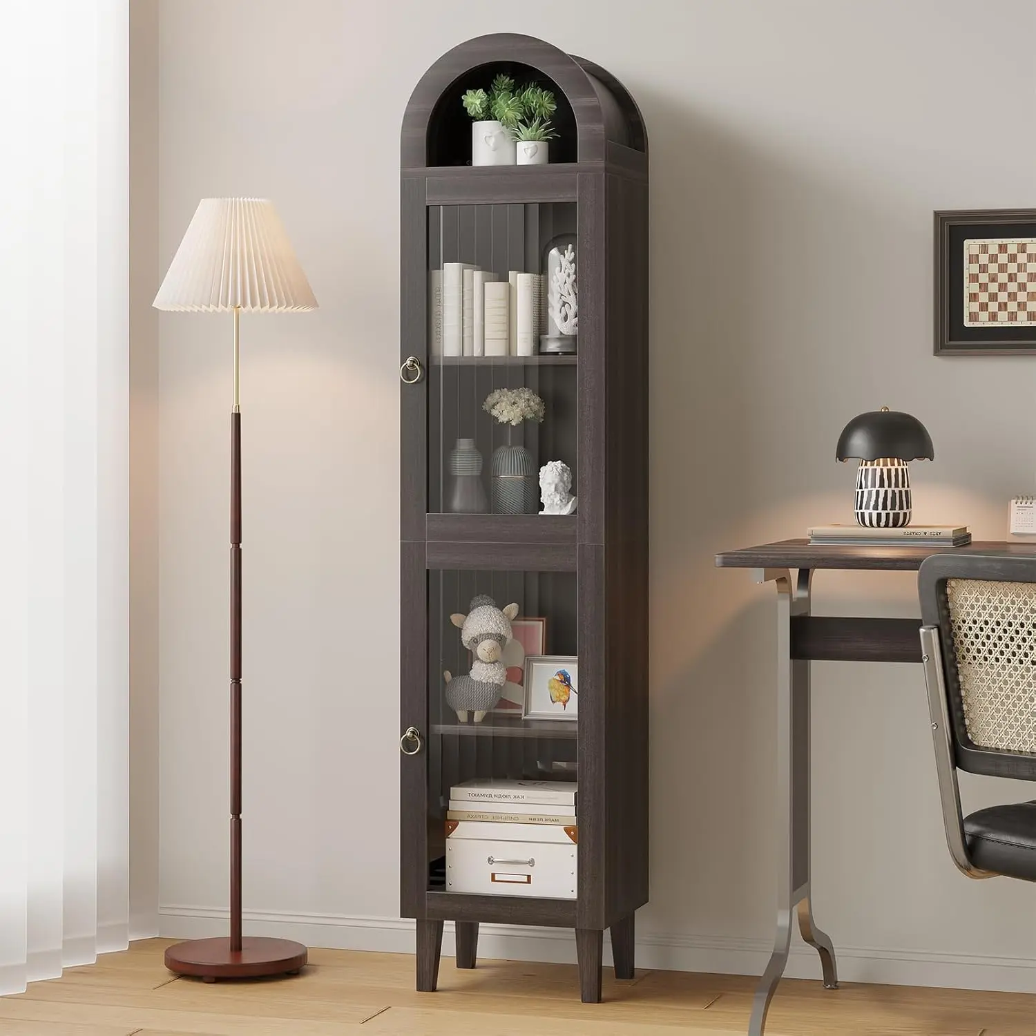 Modern Storage Cupboard - 71" Tall Black Farmhouse Arched Cabinet with Arched Top, Acrylic Glass Door, Top-Opening Container, Book Nook Organizer for Collectibles, Dining Room Kitchen Pantry Home File Holder