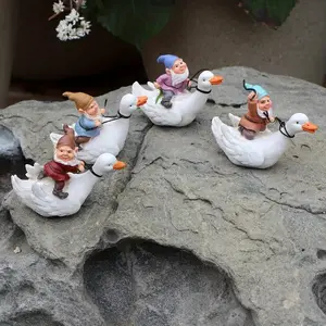 Set of 4 Duck Rider Gnome Figurines, Mini Garden Gnomes for Fairy Gardens, Pond Decor, Planter Accessories, Yard Decoration