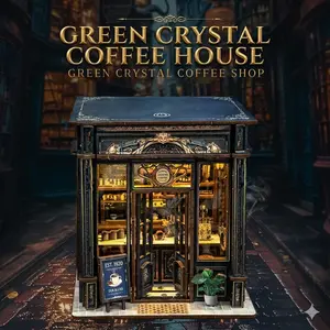 DIY Book Nook Miniature Dollhouse Kit with LED Light - Green Crystal Coffee House Wooden 3D Puzzle, Creative Bookstore Model Kit, Best Birthday Gift for Adults and Teens, Home Decor Stationery, Home Decoration