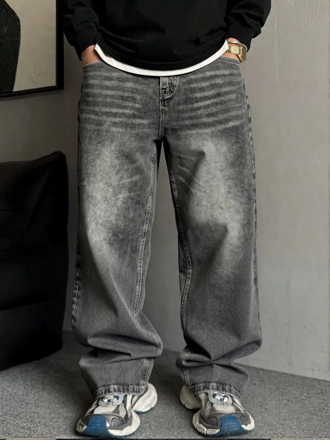 Men's Handmade Vintage Washed Loose Wide-Leg Plain Jeans Pants | Y2K Streetwear Fashion Style High-End Denim | Authentic Vintage Distressed Effect #Men'sLooseJeans #VintageWashedJeans #Y2KStreetStyle
