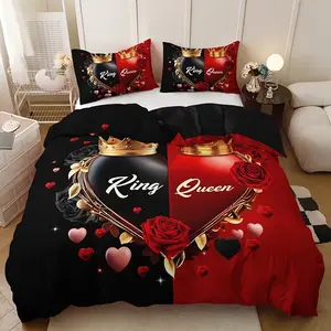 King Queen Heart Crown Rose Bedding Set, 2/3pcs (1 Fitted Sheet + 1/2 Pillowcases), High Definition Print, All Seasons Home Dormitory Use, Breathable Duvet Set