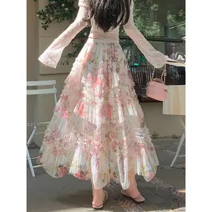 French Romantic Spring/Summer New Irregular Mesh Printed Dress, High Quality A-line Loose Skirt, Elastic Waist Layered Long Cake SkirtRAIMENTRY