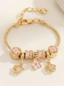 1pc Elegant Pink Flower Pendant Bracelet, Luxury Gold Openwork Pendant Bracelet, Charm Pink Flower Bead Bracelet, Metal Charm Bracelet, Spring & Summer Gift, DIY Bracelet