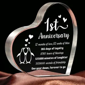1 Year Anniversary Wedding Gifts for Boyfriend Girlfriend, One Year 1st Anniversary Romantic Gifts for Him Her, Heart Shaped Acrylic Block for Couple Husband Wife, Penguin Keepsake