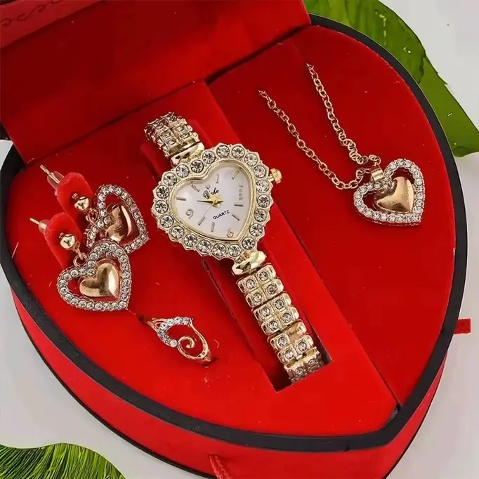 5 Pcs Women’s Gold Rhinestone Watch Jewelry Set – Heart Dial Quartz Watch, Open Heart Necklace, Heart Earrings, Rhinestone Ring – Gift Set for Her
