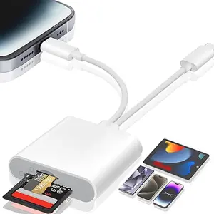 iPhone SD card reader with USB camera adapter, supports micro SD, SD, and TF cards. Plug-and-play design, no app required, perfect for trail game cameras and iPads.