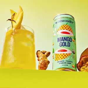 wildwonder Sparkling Probiotic Drink For Gut Health & Immune Support, Mango Gold, 5g Prebiotic Fiber, Live Probiotics, Organic, Vegan, Low Sugar, 12oz Can, As Seen on Shark Tank