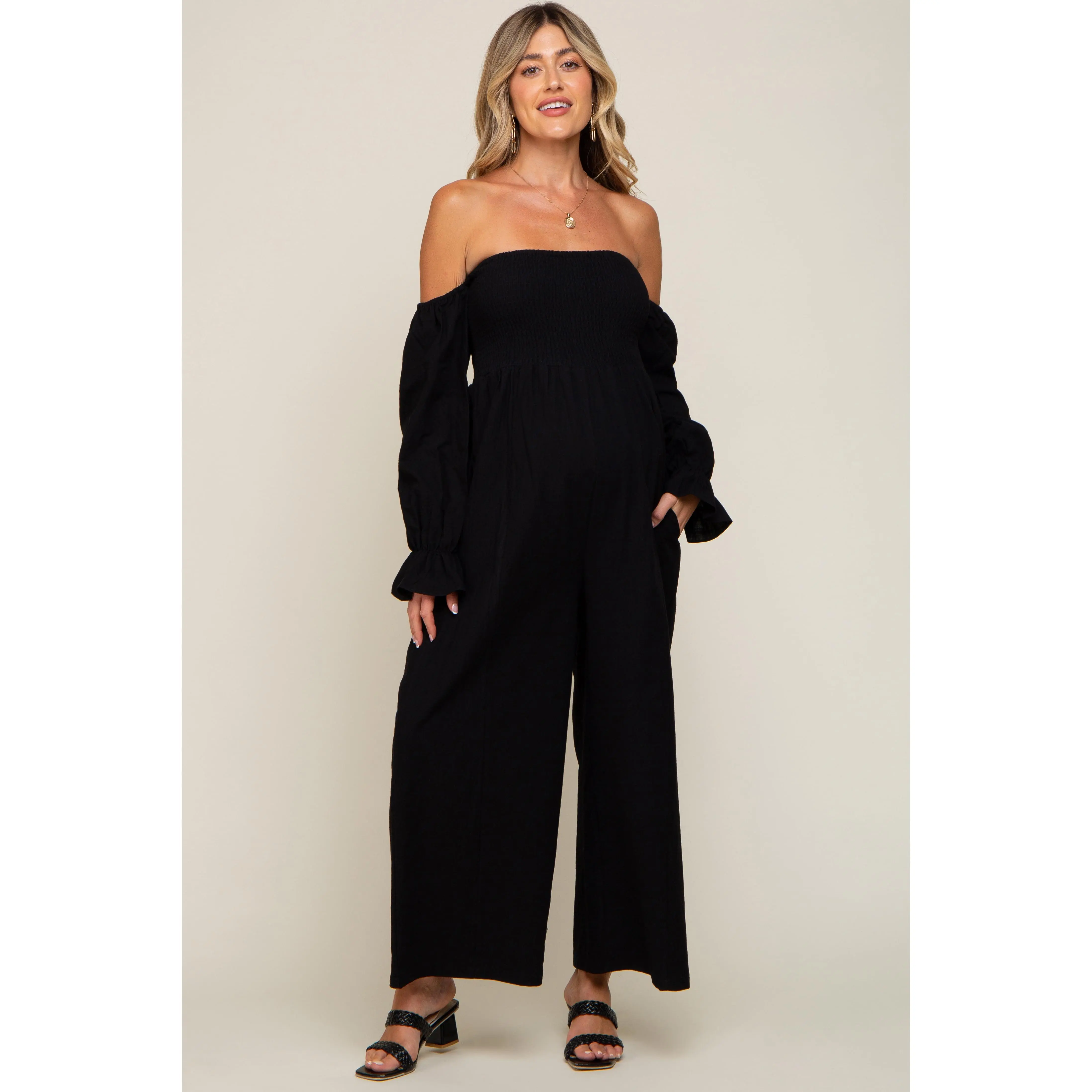 Black Linen Smocked Off Shoulder Wide Leg Maternity Jumpsuit