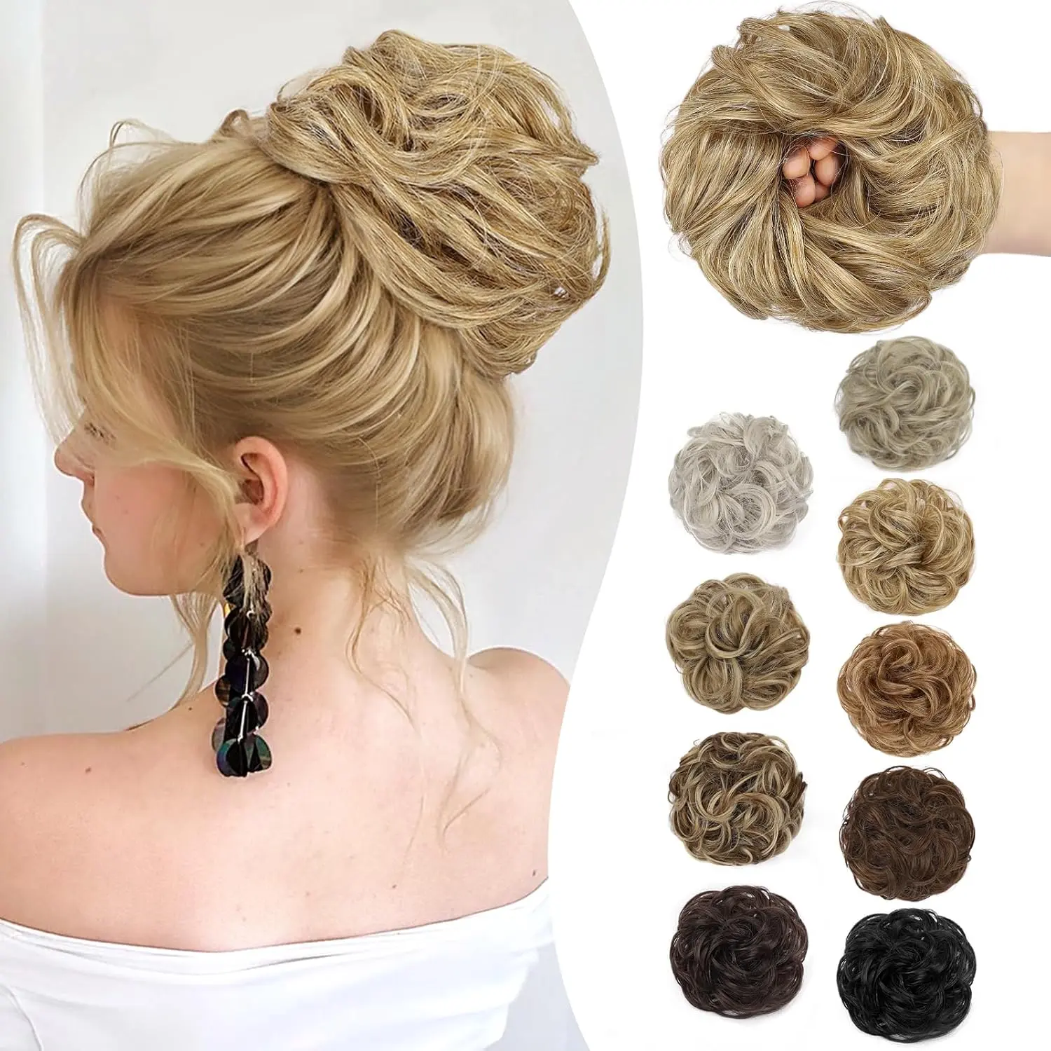 HIUSVO Messy Bun Hair Piece Elastic Wavy Curly Fake Hair Bun Scrunchies Extensions Thick Synthetic Chignon Updo Hairpieces for Women Girls